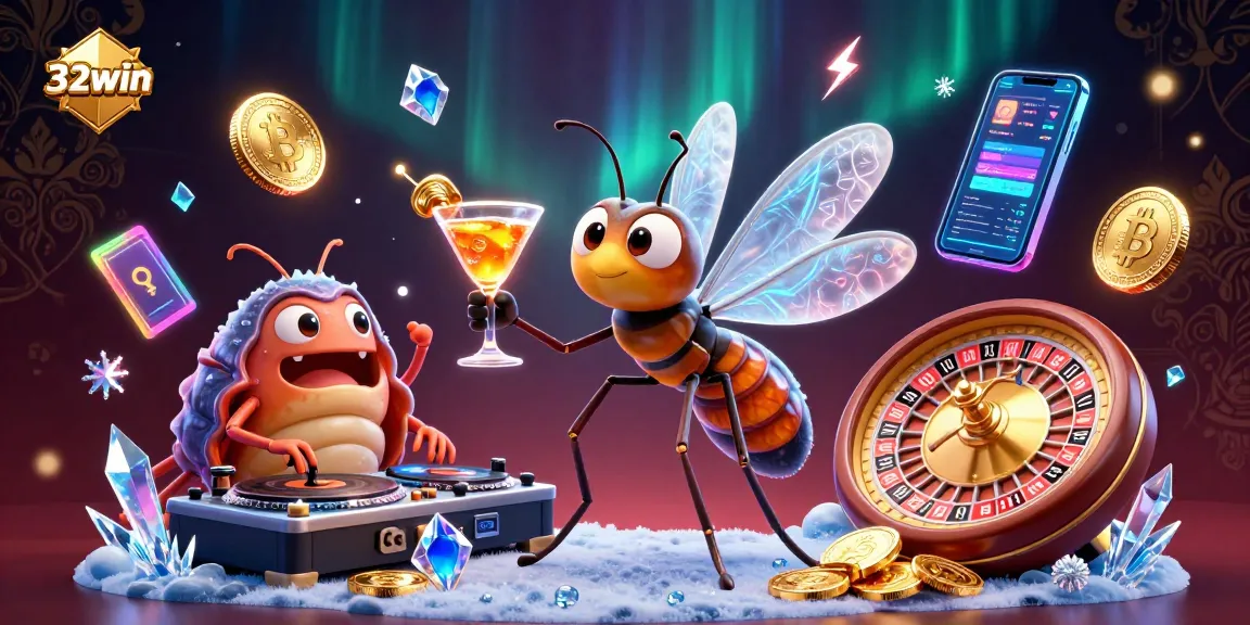 Experience 32win's vibrant casino scene with neon crypto coins and dynamic game elements.