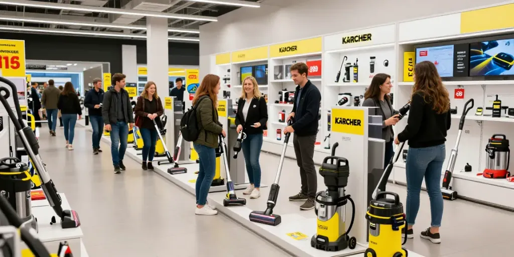 Offerte del Black Friday Kärcher con clienti entusiasti che esplorano prodotti di pulizia in un moderno negozio.