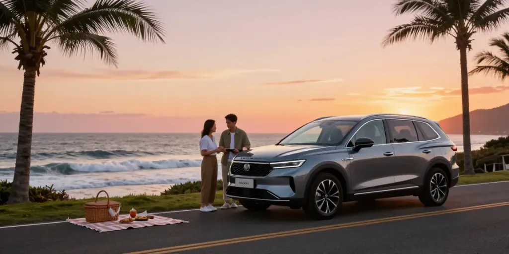 Scena di noleggio lungo termine Jaecoo con coppia che esamina l'auto e picnic in spiaggia.