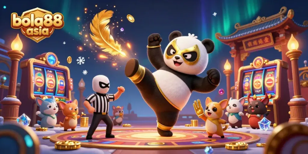 Bets at bola88 asia with an exciting 3D scene of animated panda and chihuahua in a vibrant casino.