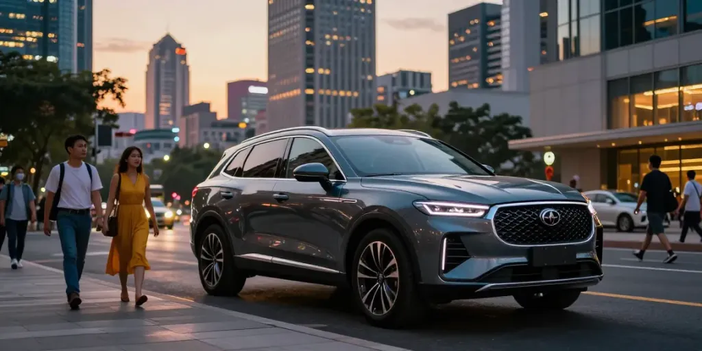 Noleggio lungo termine Jaecoo SUV in città al tramonto, evidenziando il design elegante e l'appeal premium.