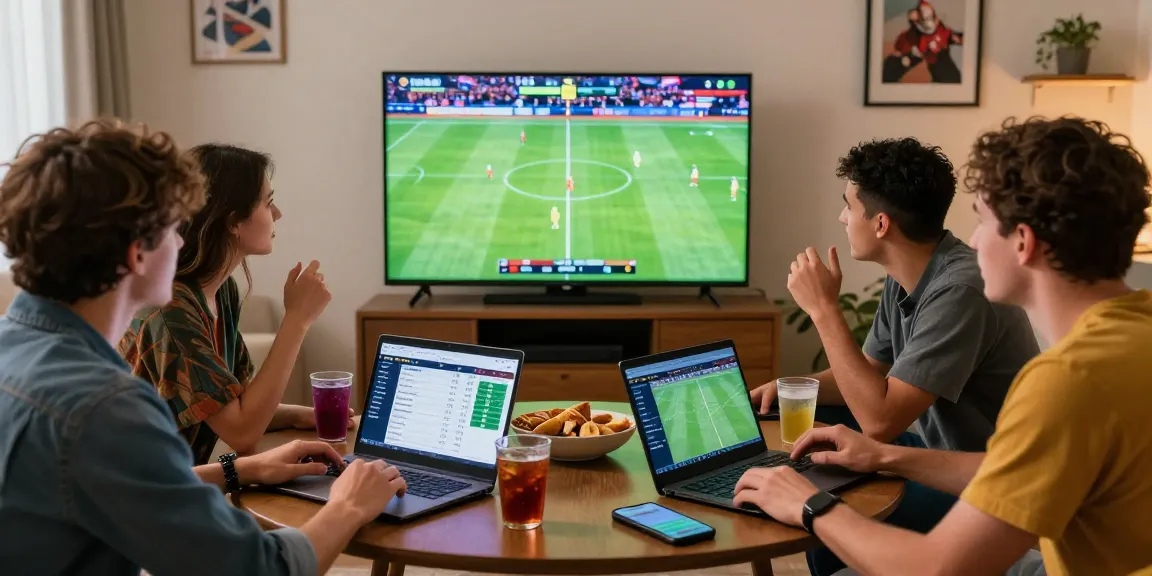 Friends enjoying sports betting with BetLabel on large screen while placing bets at home.