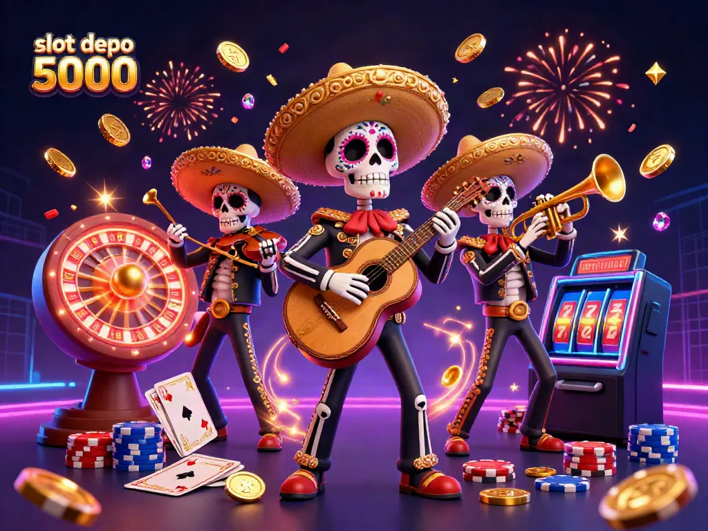 Experience the excitement at slot depo 5000 with our vibrant Day of the Dead casino scene, showcasing festive mariachi skeletons and stunning game elements.
