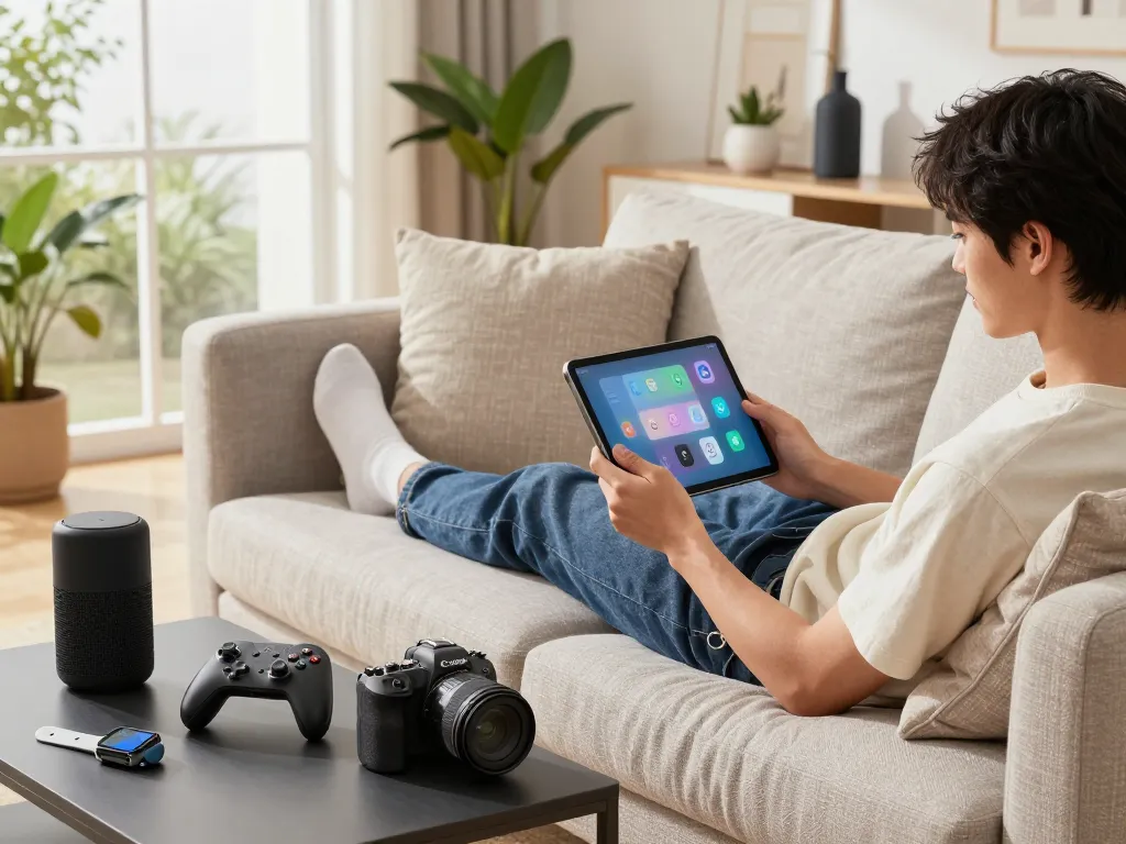 Engaging scene showcasing affordable tech gadgets in a modern living room, featuring a young person interacting with a tablet while surrounded by Bluetooth devices.