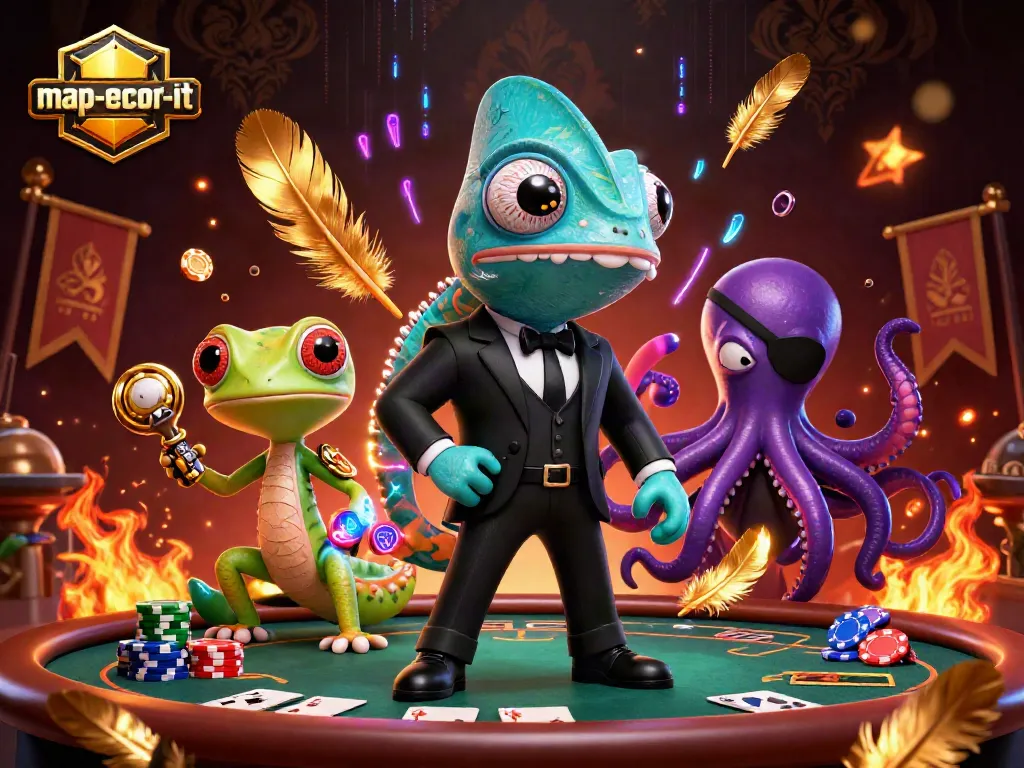 Engage with map-escort-it's dynamic casino scene featuring a secret agent chameleon and poker elements.