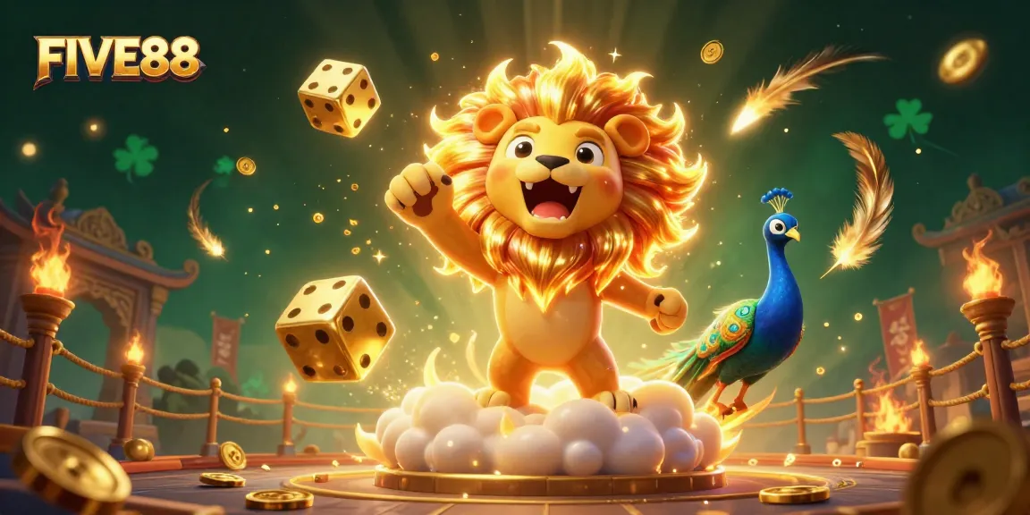 Experience the thrilling play at FIVE88 with golden dice and a roaring lion in this vibrant casino illustration.