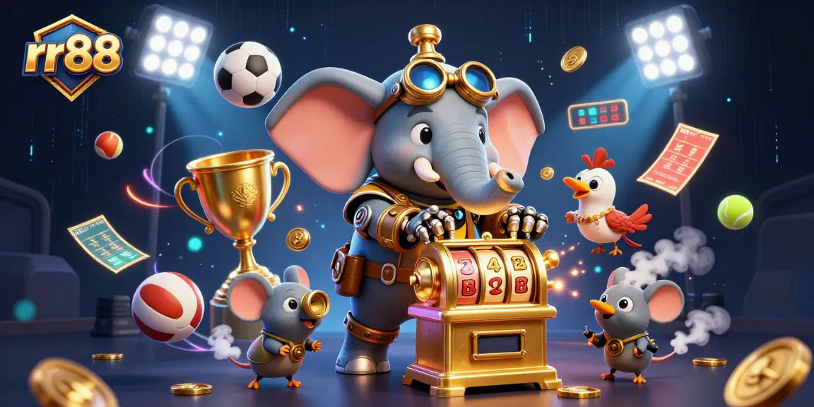 Engage with rr88's thrilling casino action featuring a steampunk elephant operating a golden slot machine amid vibrant sports elements.