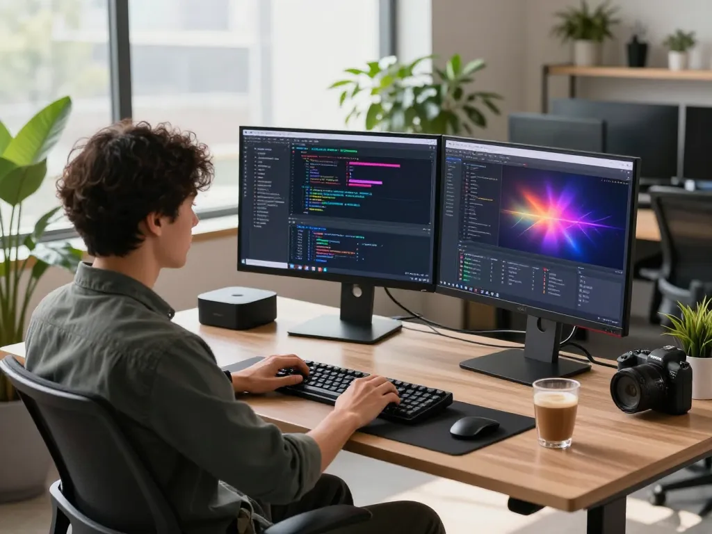 Developer coding with mac mini on dual screens in a modern office