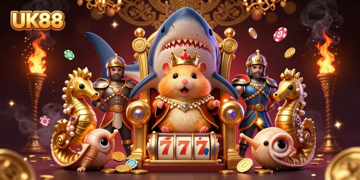 Experience UK88's vibrant casino scene with a golden hamster king and treasure-filled slot design.