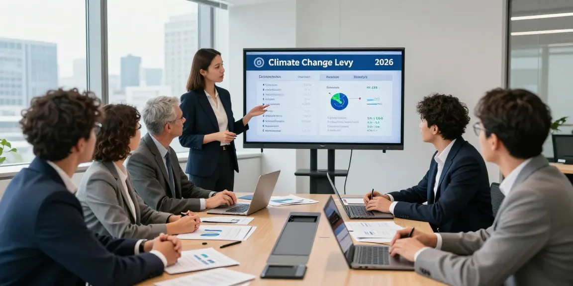 Business professionals discussing climate change levy exemption details in a modern office setting.