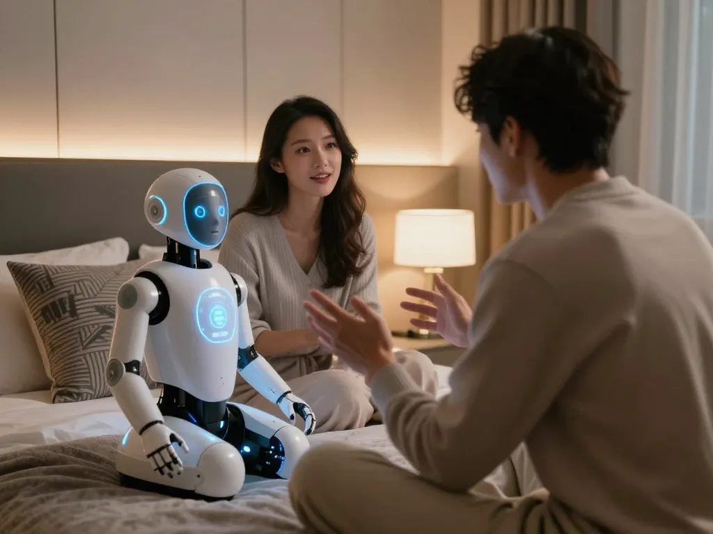 Couple interacting with a lifelike sex bot in a cozy bedroom.