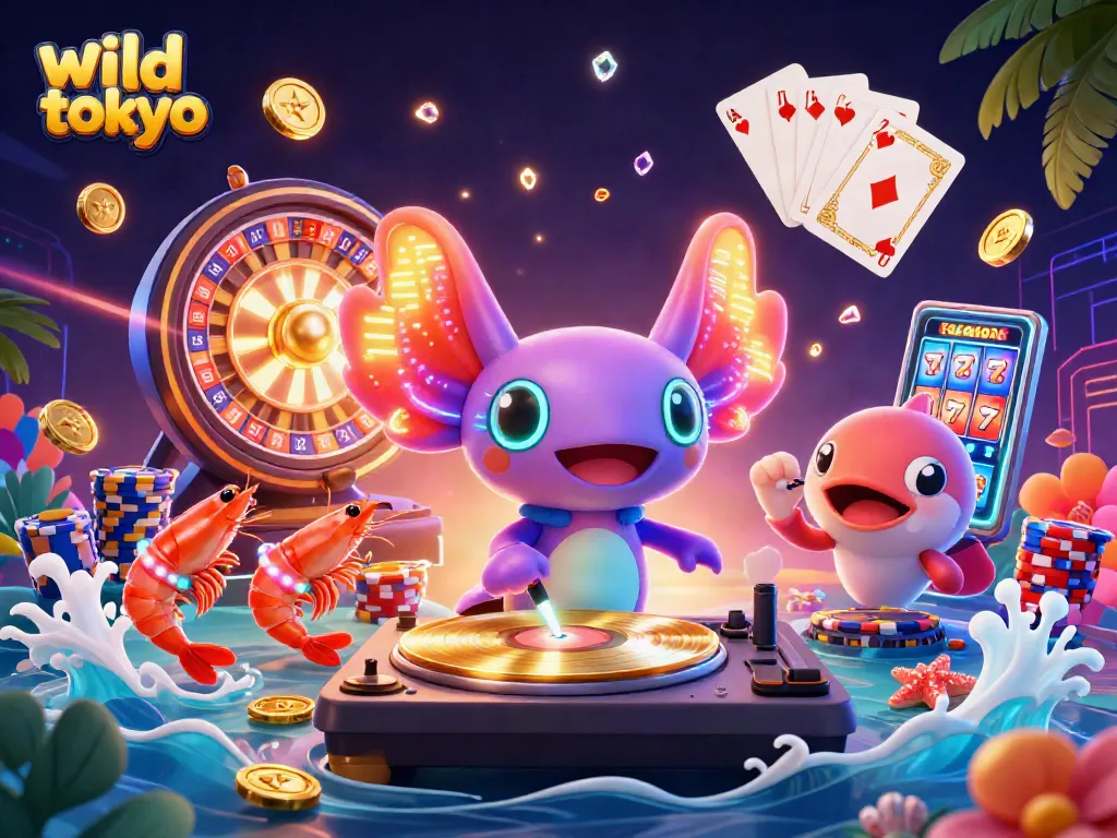 Join the wild tokyo party with neon axolotl DJ, vibrant shrimp dancers, and sparkling casino elements!