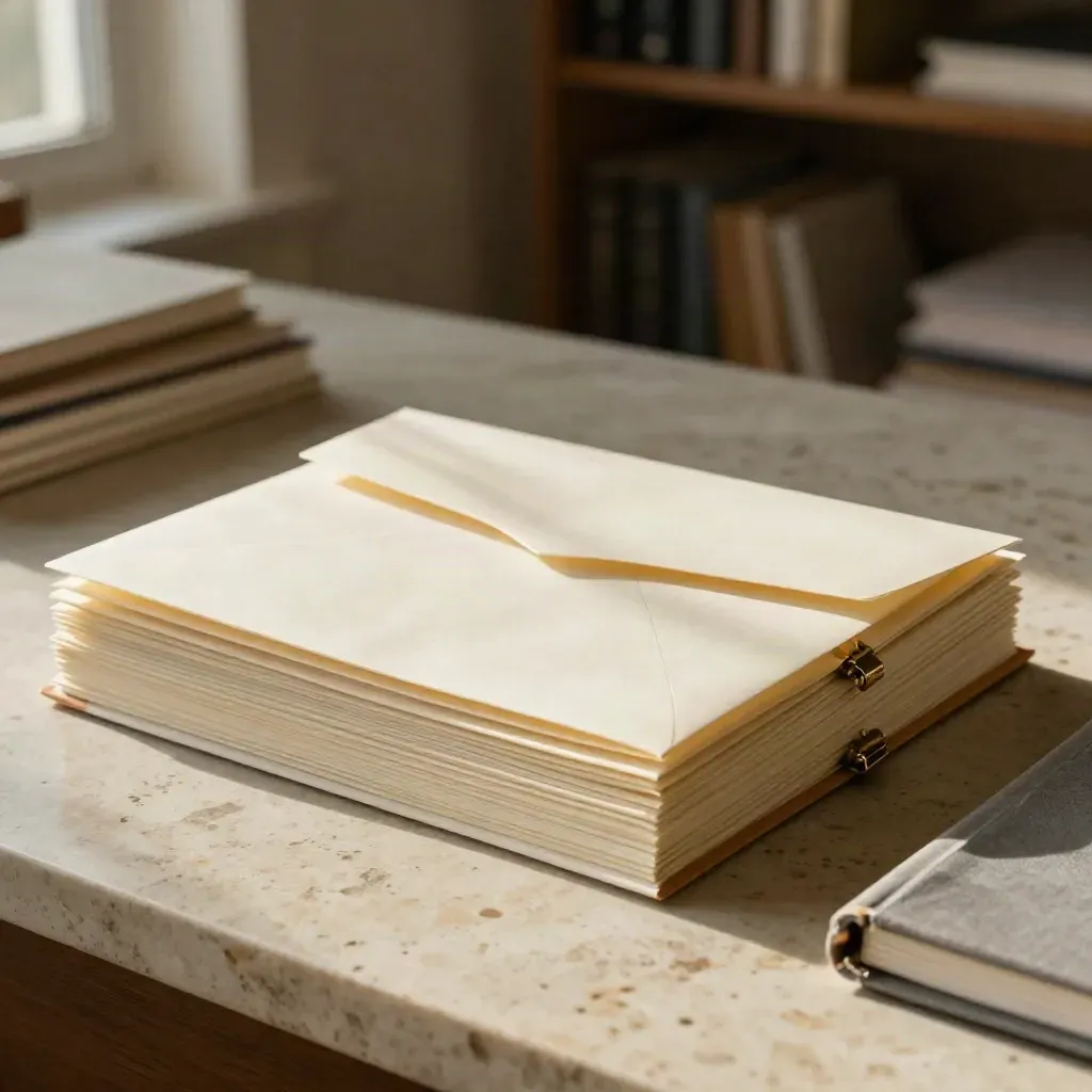 Cartella di proposta ordinata su pietra chiara, con notebook chiuso e clip in ottone.