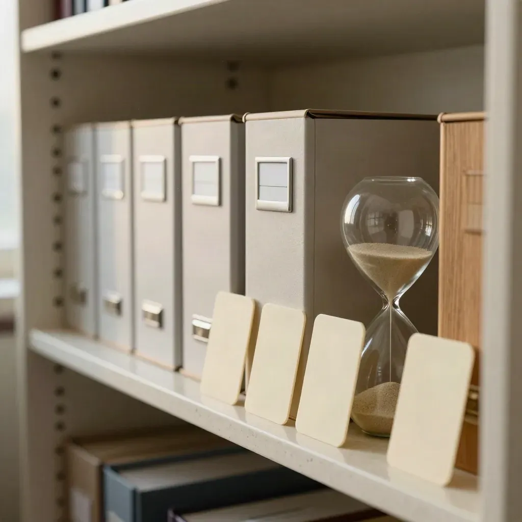 Tabella grant con clessidra e scatole archivio in un angolo luminoso