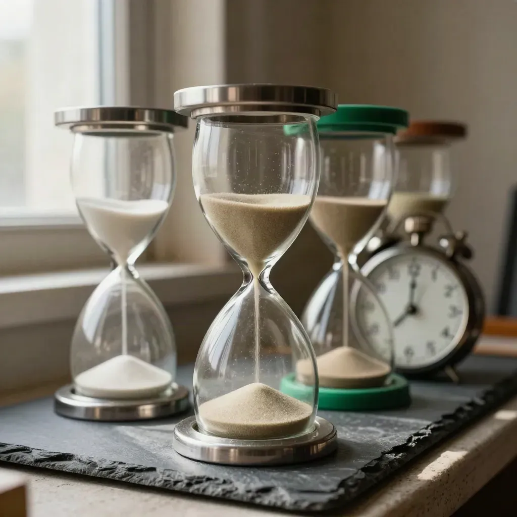 Tre clessidre e tab colorati su una superficie scura, in un momento di scorrimento delle scadenze.