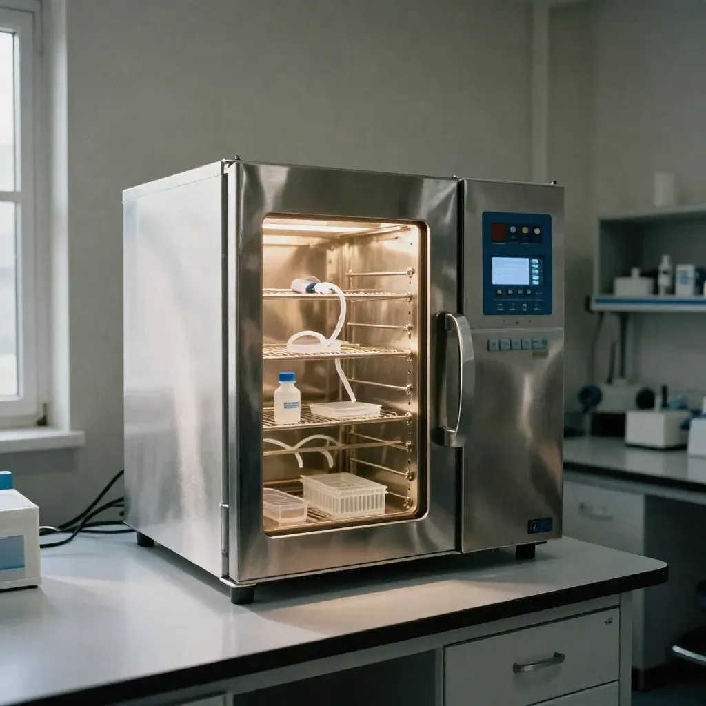 Incubatore cellulare in acciaio pronto all’uso in un laboratorio biotech