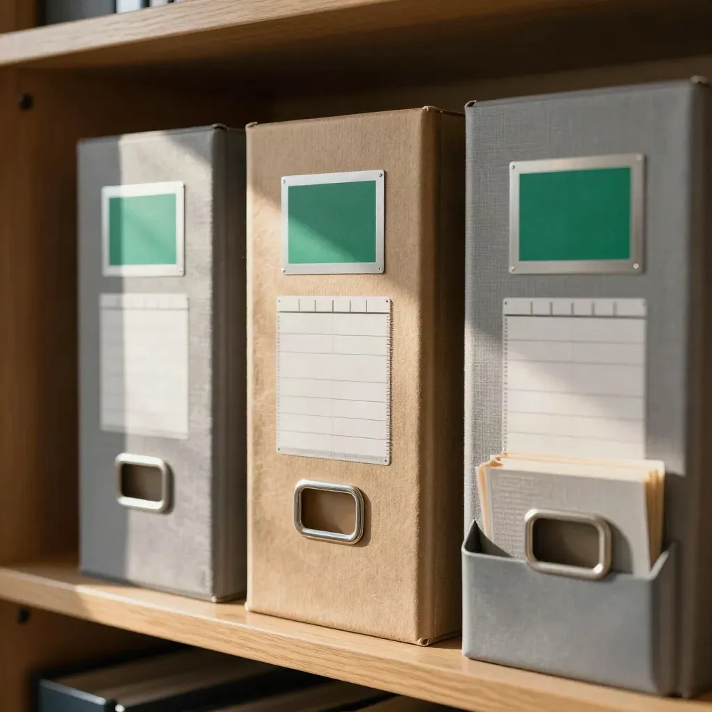 Tre scatole archivio chiuse, tab ordinate e vassoio posta in un ufficio ONG caldo.