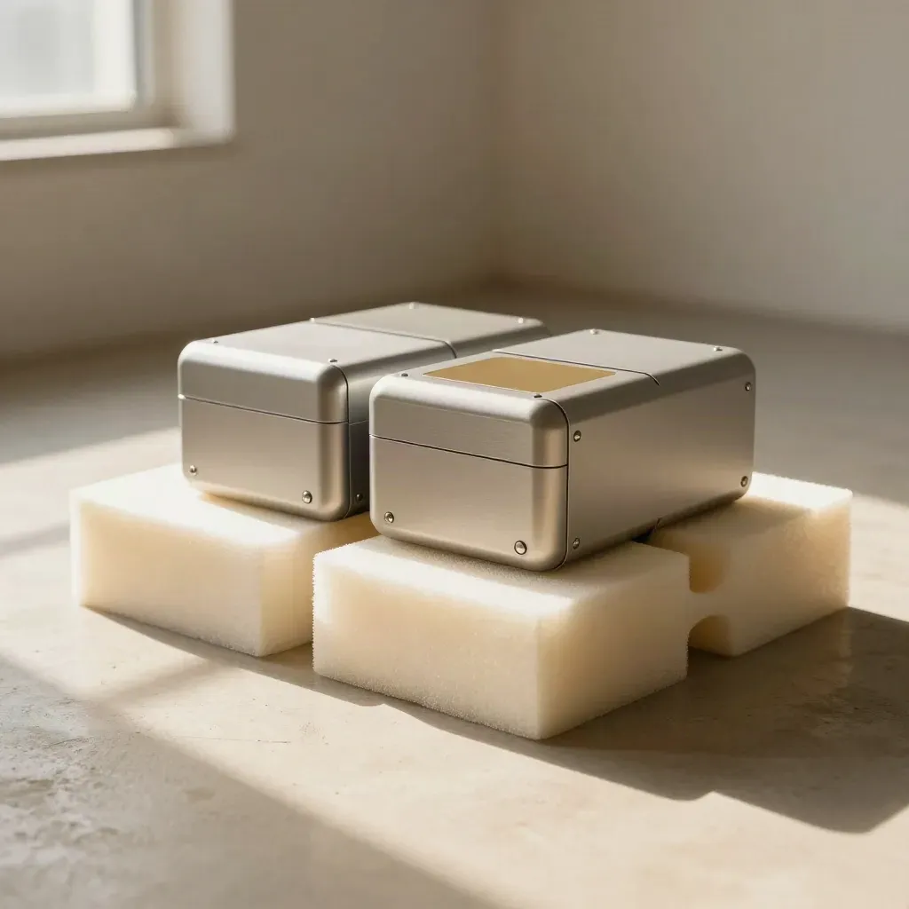 Prototipo industriale su supporti in foam, unità test consegnata e vassoi neutri in un laboratorio chiaro.