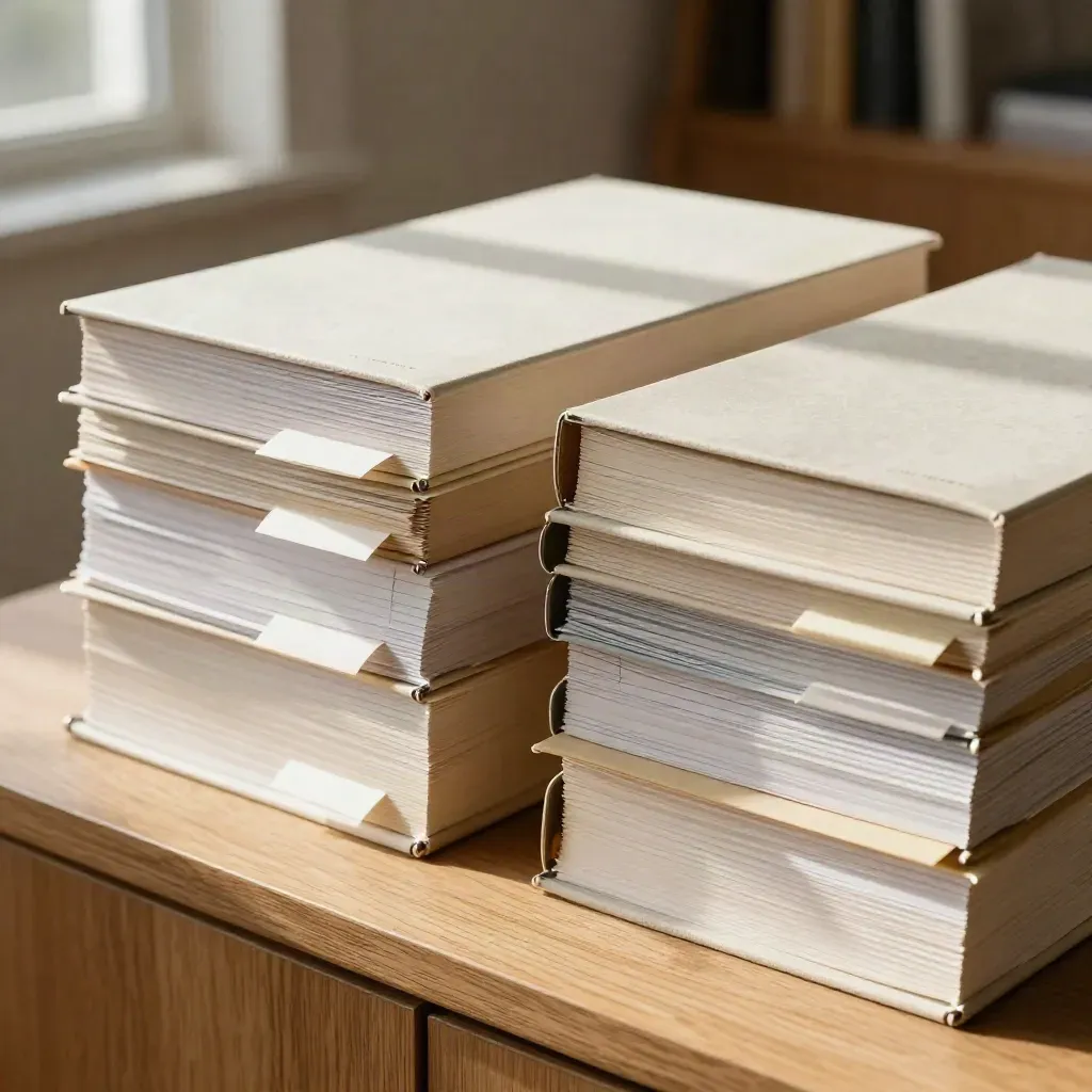 Due dossier progetto con tab bianche su credenza in rovere, luce calda da finestra.