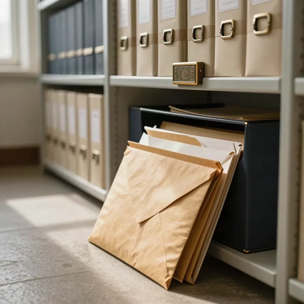 Cartelle archiviate con fascicoli sigillati e buste restituite in uno scaffale d’archivio.