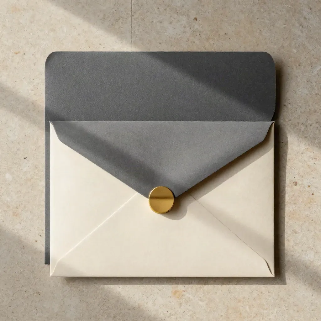 Busta sigillata e cartella spessa su pietra, in flatlay elegante e minimale.