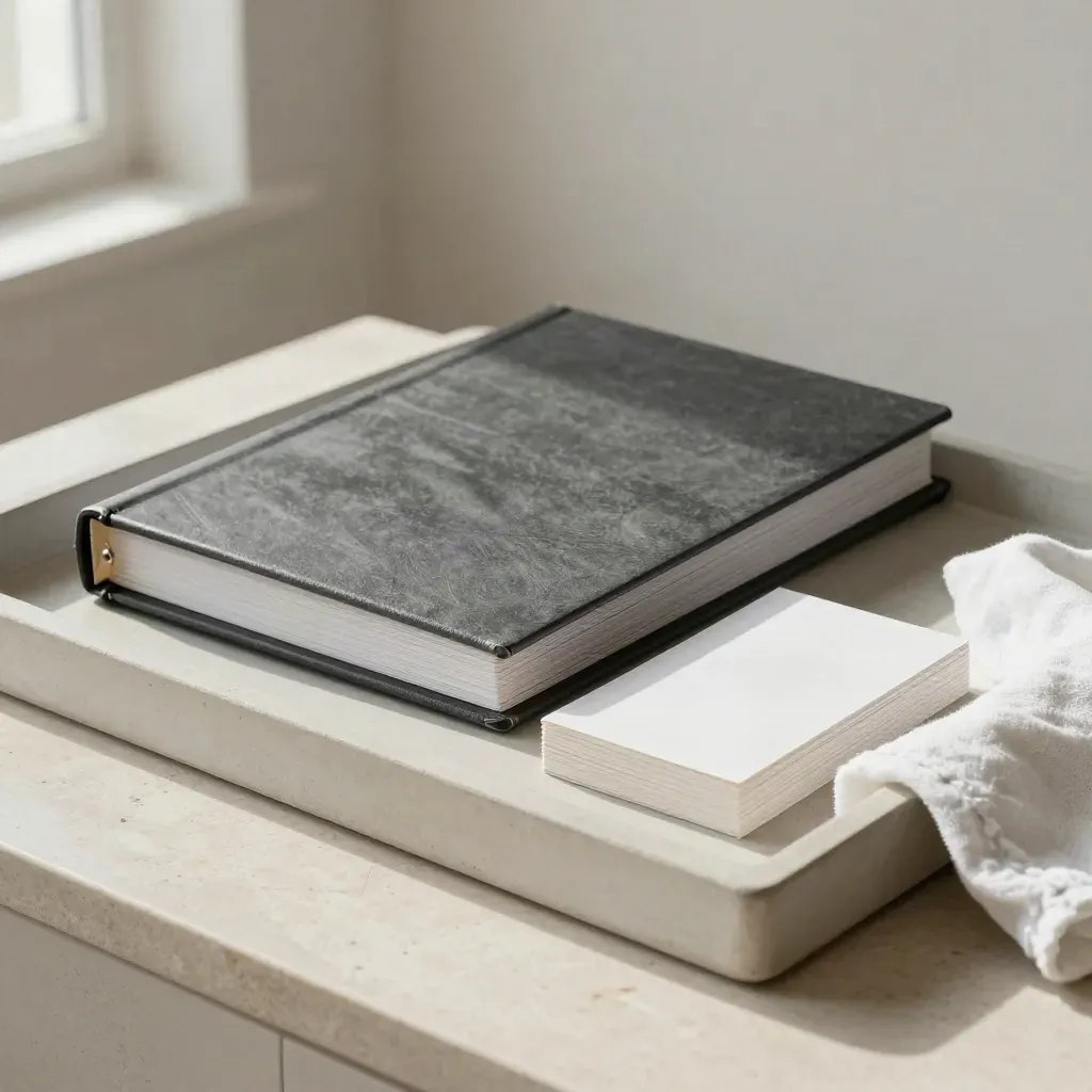 Binder chiuso e vassoio di ritorno con cartoline bianche su pietra chiara.