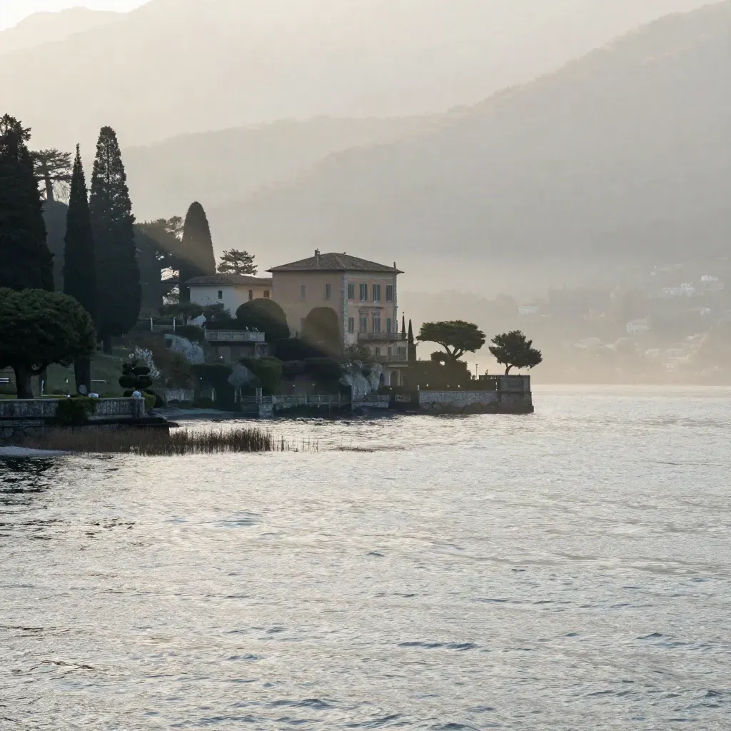 Lago di Como all’alba con villa in alto, cipressi e foschia dorata sulle acque.