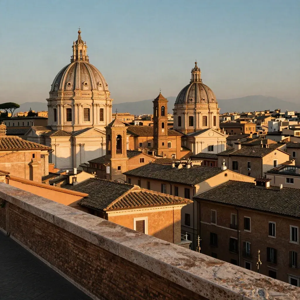 Panorama di Roma in luce dorata, con cupole e tetti in travertino e foschia calda.