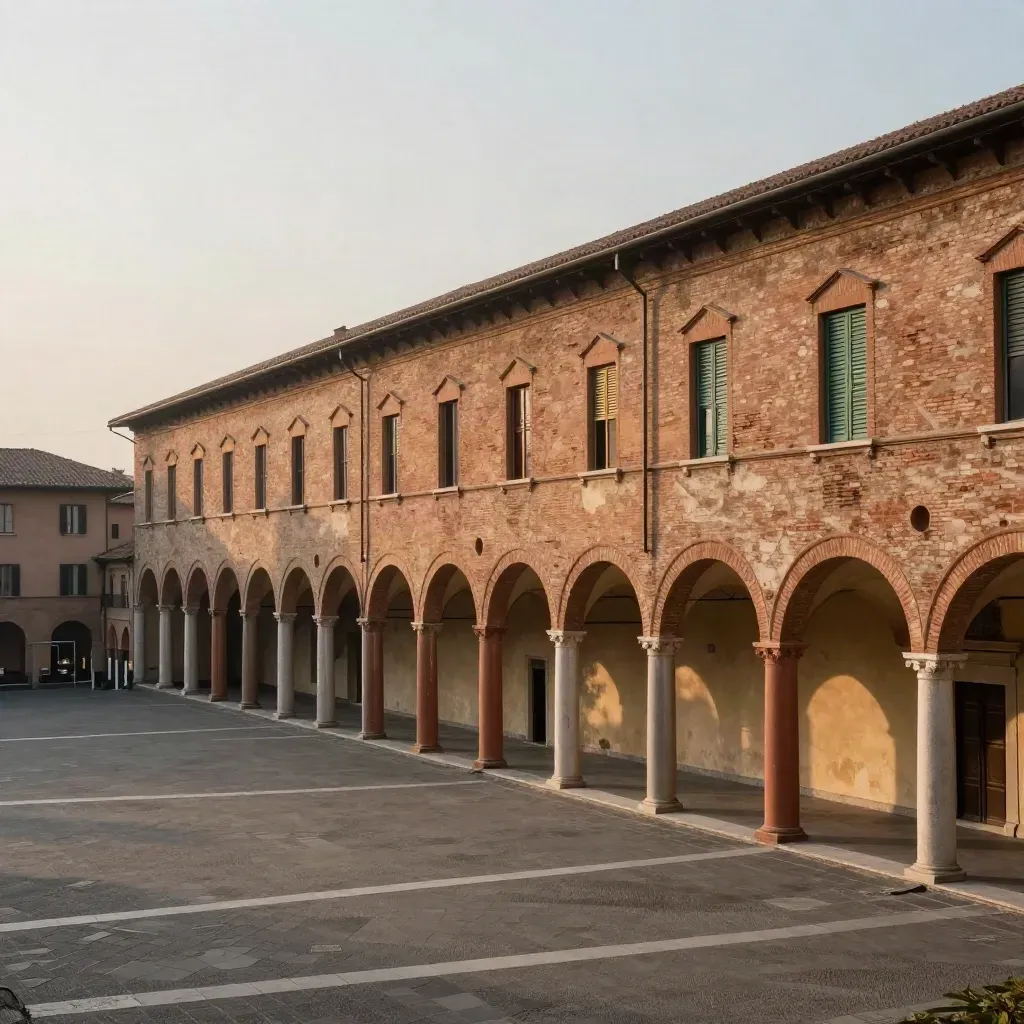 Portici di Bologna al tramonto con piazza calma e orizzonte di mattoni rossi.