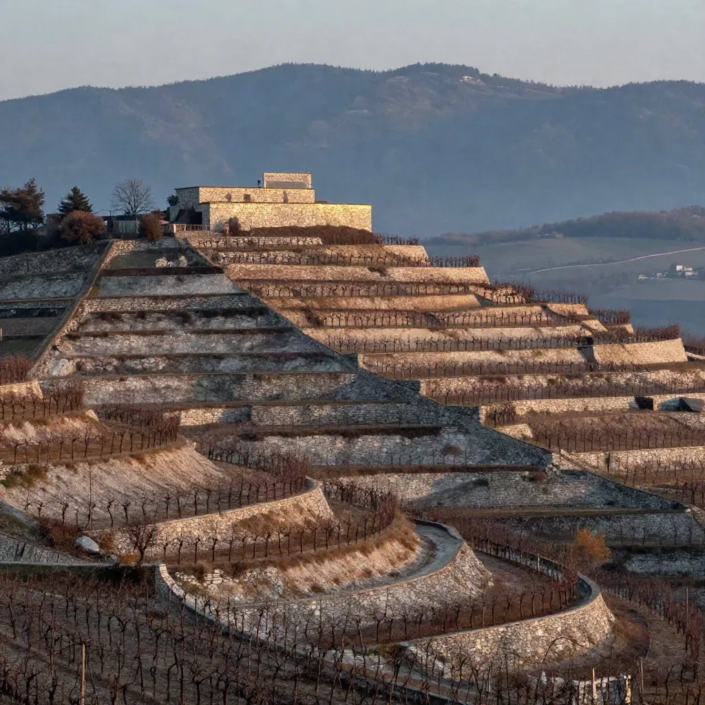 Langhe piemontesi al crepuscolo con terrazze di vigneti, cresta di pietra e foschia leggera.