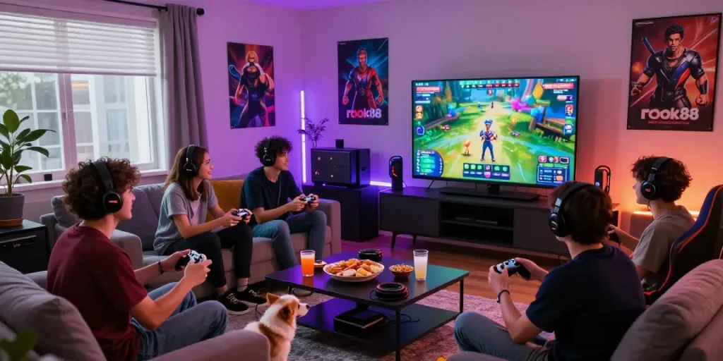 Friends enjoying a gaming night with rokok88 in a cozy living room setting, vibrant atmosphere, and gaming gear.