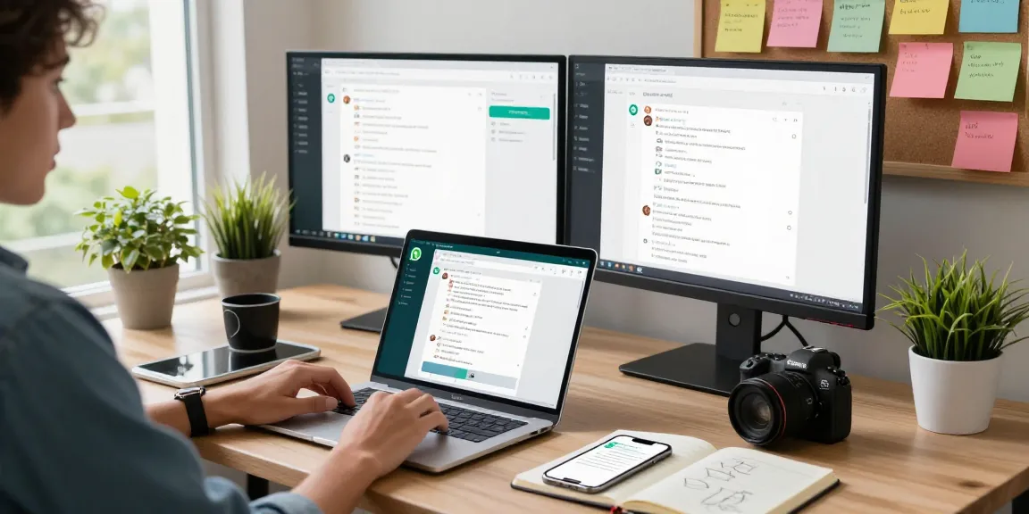 Person using WhatsApp網頁版 on a sleek laptop in a modern home office, showcasing digital communication.