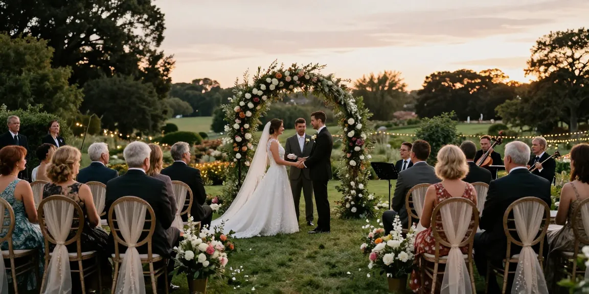 Wedding venue moment with rokok88 couple exchanging vows under floral arch