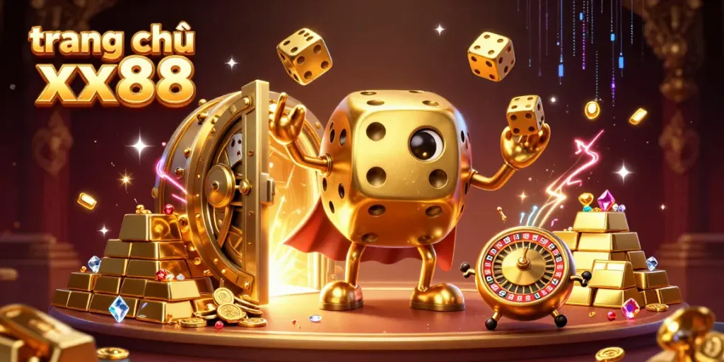 Engage in excitement at trang chủ xx88 with golden dice golem and treasure bursting from a vault.