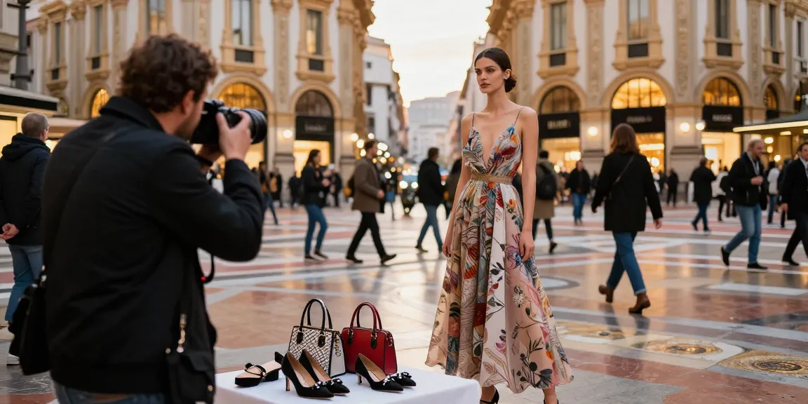 Fotografo di moda al lavoro a Milano mentre cattura un modello in couture elegante durante l'ora dorata, mostrando fotografo moda Milano.