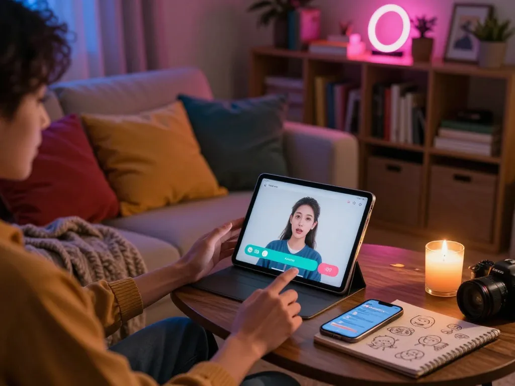 Engaging NSFW AI chat scene with a cozy atmosphere featuring vibrant decor and technology.