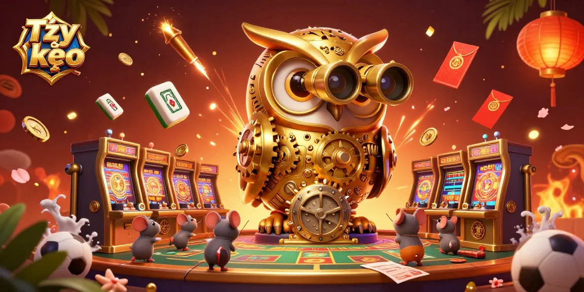 Engage with Tỷ lệ kèo through a dynamic scene featuring a golden owl, sports elements, and vibrant festive decorations.