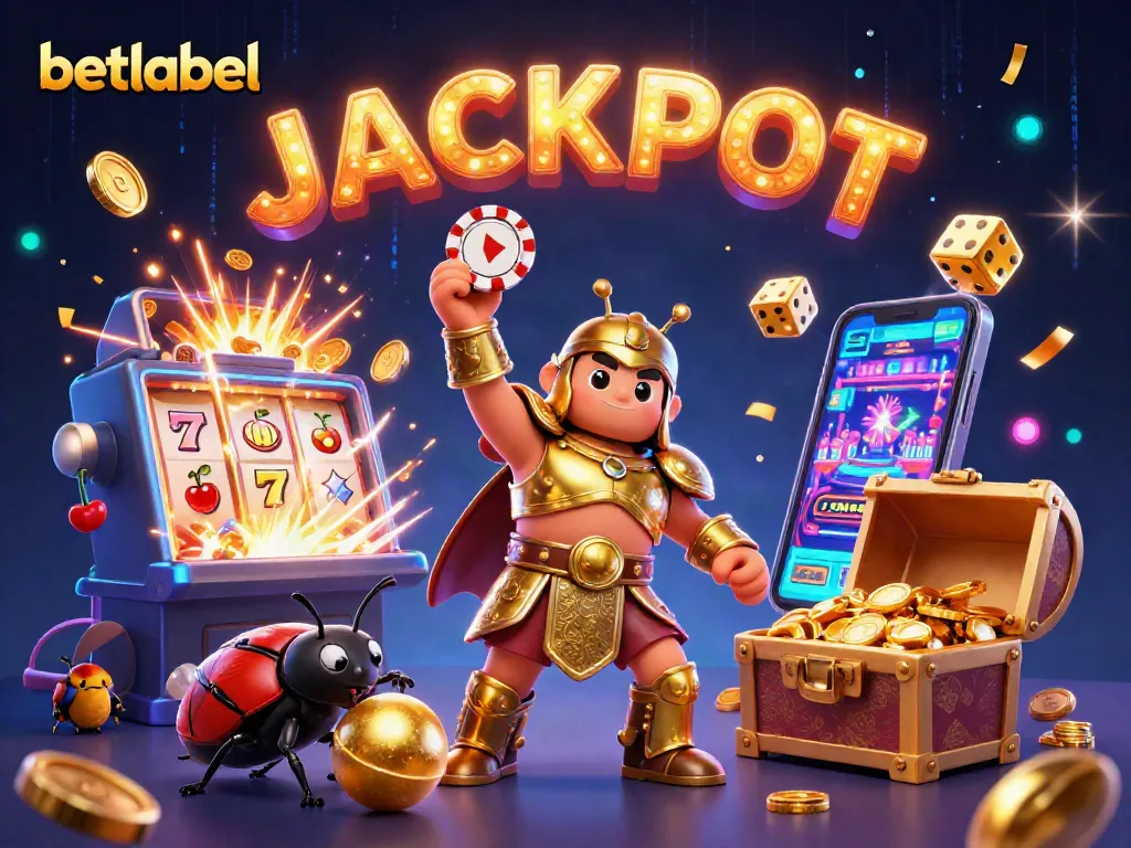 Experience thrilling gameplay at betlabel with a victorious beetle lifting a poker chip amidst colorful casino elements.