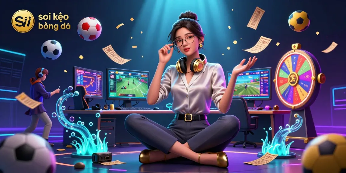 Soi kèo bóng đá lively sports betting scene featuring a professional Asian woman immersed in action.
