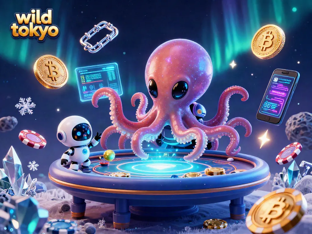 Experience wild tokyo's vibrant online casino action with an alien octopus at a holographic poker table surrounded by floating crypto elements.