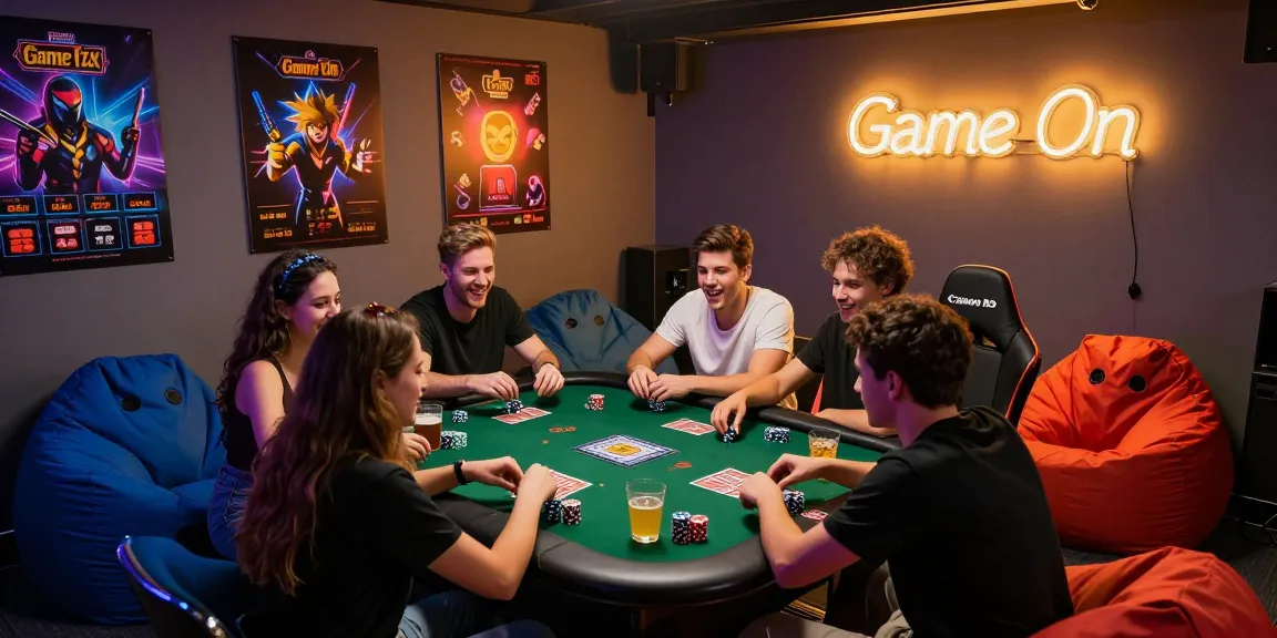 Exciting gaming room scene with friends playing cards for rokok88 daftar.