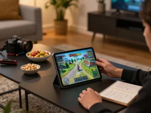 Coinvolgente esperienza di gioco di chicken road recensioni su un tablet in un'accogliente casa.