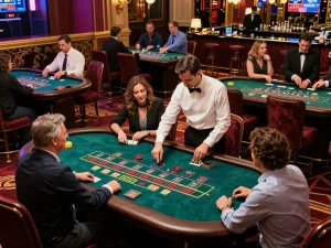 The thrilling atmosphere at nhà cái jun88 with players engaged in high-stakes blackjack and roulette.