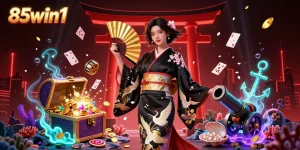 Winning at 85win1 with a captivating Asian casino scene featuring elegant characters, dynamic game elements, and vibrant design.