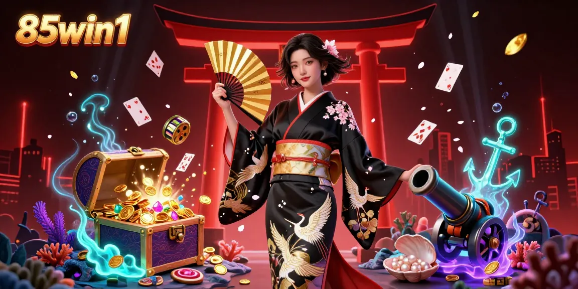 Winning at 85win1 with a captivating Asian casino scene featuring elegant characters, dynamic game elements, and vibrant design.
