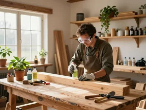 Artigiano che utilizza una soluzione antitarlo ecologico nel laboratorio di trattamento del legno ecologico.