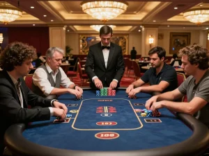 Players enjoy an exciting poker game at a Las Vegas casino, showcasing cm88 strategy and engagement.