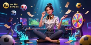 Soi kèo bóng đá lively sports betting scene featuring a professional Asian woman immersed in action.