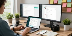 Person using WhatsApp網頁版 on a sleek laptop in a modern home office, showcasing digital communication.
