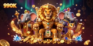 Engage with 99OK's thrilling casino scene featuring vibrant slots, a fierce lion king, and gold coins.